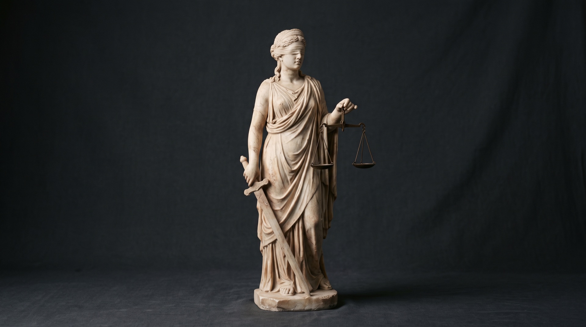 Weathered marble statue of Lady Justice, blindfolded, holding balanced scales and a lowered sword